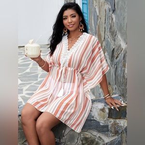 NWT Lace Trim Striped Swim Cover Up Kimono